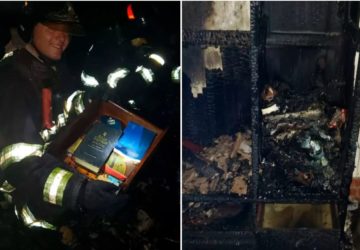 BRÉSIL: Un tiroir avec la Bible et des livres chrétiens restent intacts après un incendie.